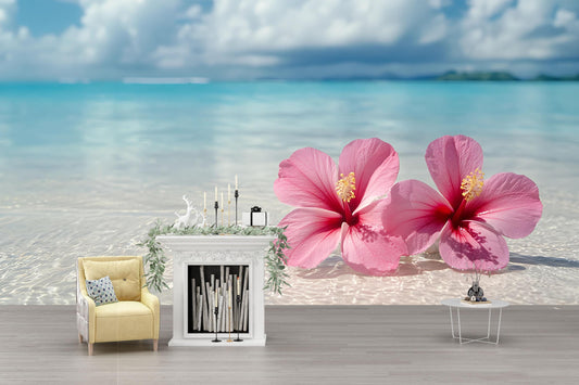 Tropical Beach Wall Mural with Pink Hibiscus Flowers – Ocean View Wallpaper for Living Room or Office Decor Vn649