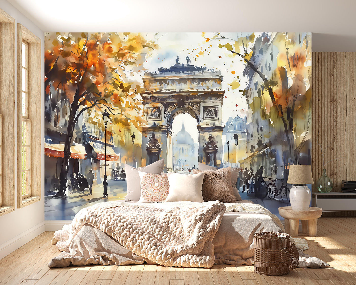 Arc de Triomphe Wall Mural – Paris Watercolor Landmark Wallpaper Vn936