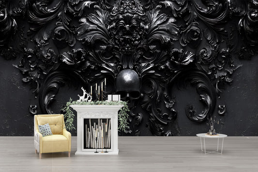 Gothic Baroque Skull Wall Art | Dark Maximalist Interior Decor | 3D Black Skull Floral Wallpaper Mural Vn189
