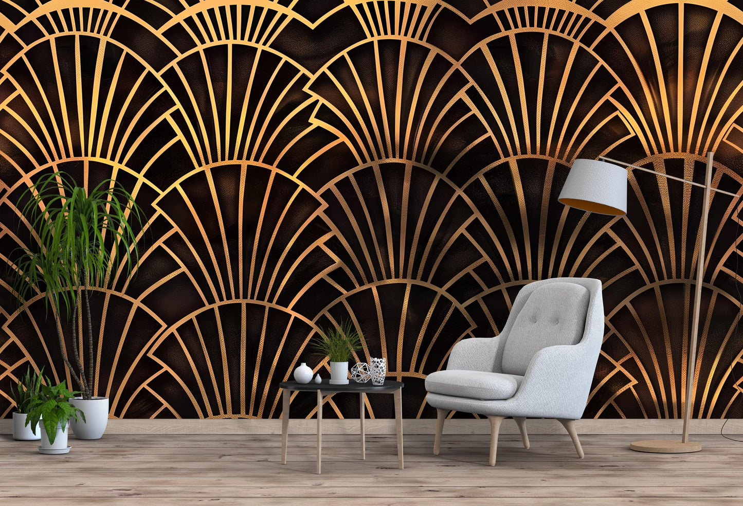 Art Deco Wall Mural – Luxury Gold Fan Pattern Wallpaper for Living Room, Bedroom, Office or Bar Decor Vn1086