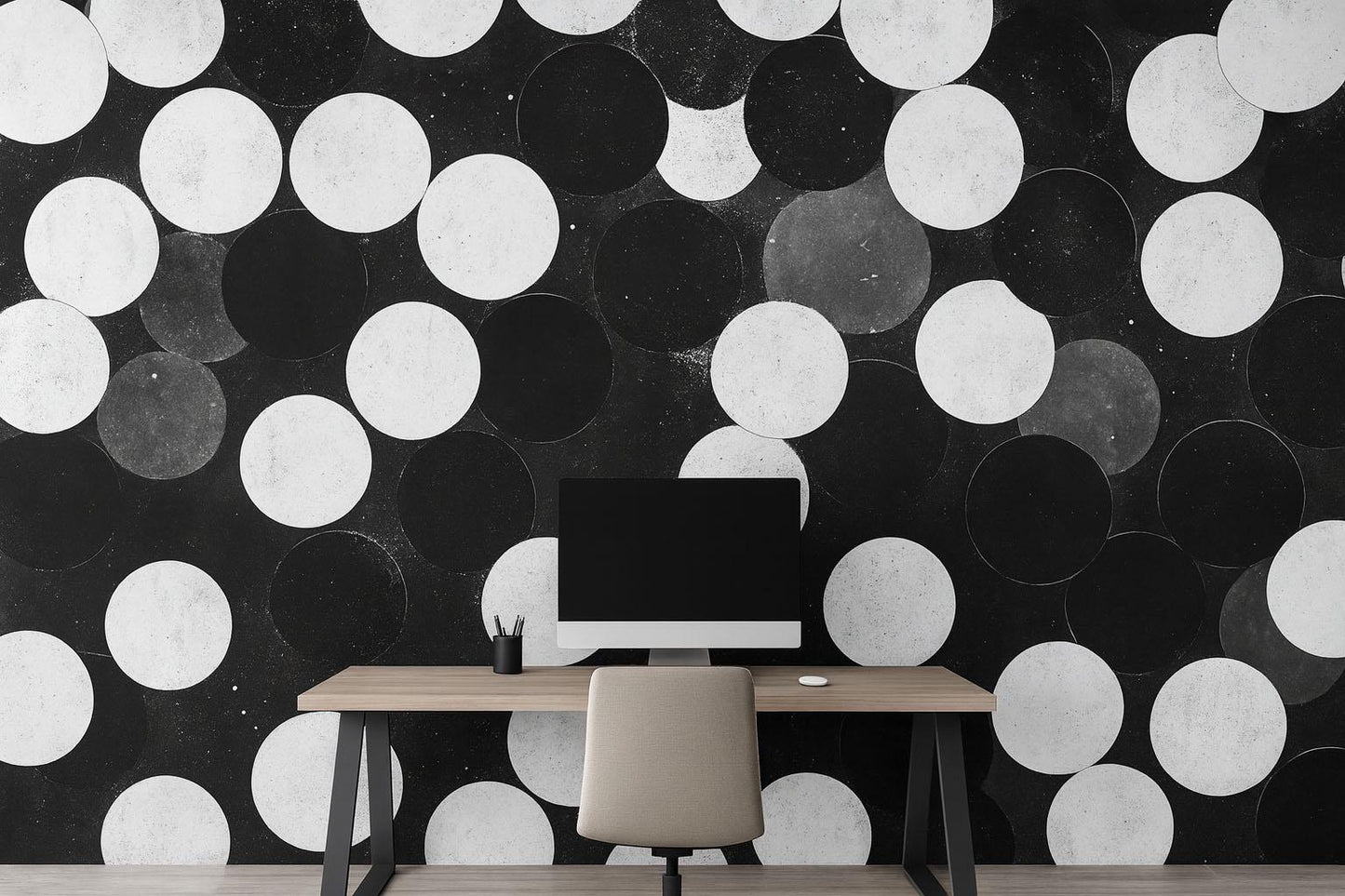 Black and White Circle Wall Mural – Modern Geometric Wallpaper, Bold Accent Wall for Office or Living Room Vn848