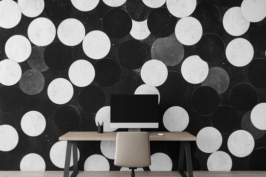 Black and White Circle Wall Mural – Modern Geometric Wallpaper, Bold Accent Wall for Office or Living Room Vn848