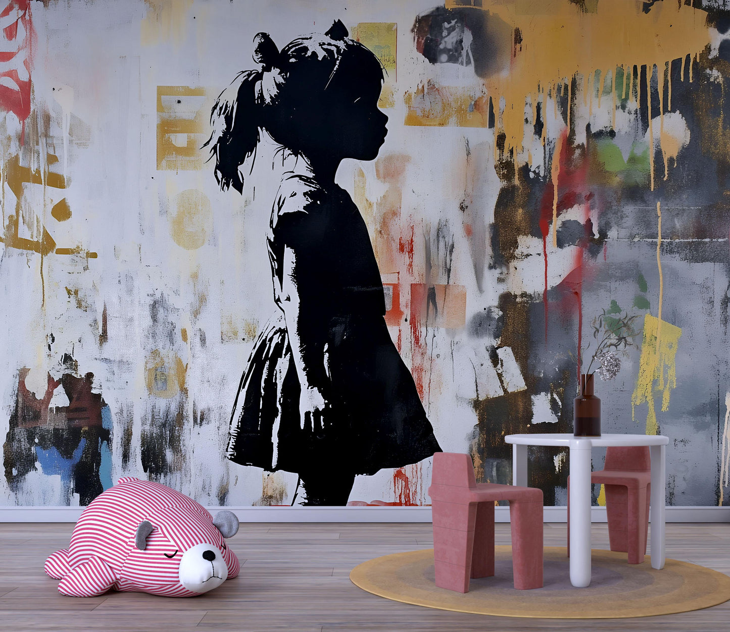 Modern Graffiti Wall Art of Girl Silhouette – Urban Street Art Canvas Mural for Kids Room, Playroom, or Nursery Vn736