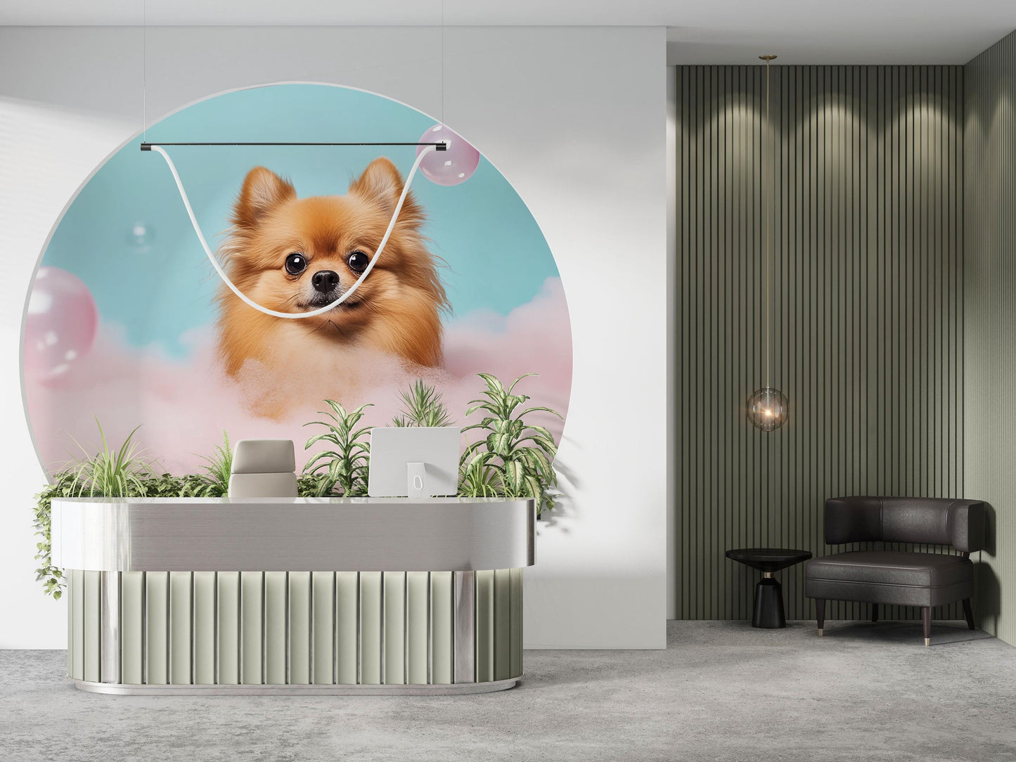 Cute Pomeranian Dog Wall Mural - Pink Cloud & Bubble Background - Kawaii Pet Art for Nursery, Kids Room, or Pet Lover Decor Vn664