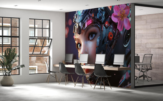 Cyberpunk AI Girl Wall Mural – Futuristic Tech Art Office Decor – Sci-Fi Female Robot Face – Anime Mecha Aesthetic Wallpaper Vn200