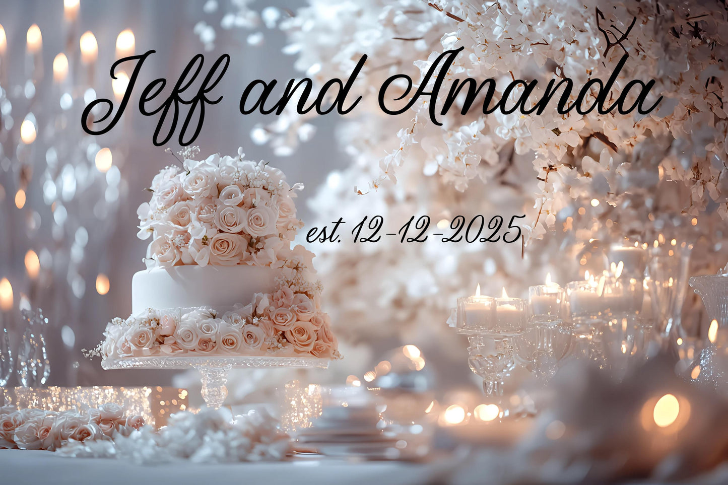 Elegant Wedding Backdrop Banner with Names & Date – Personalized Floral Cake Design, Custom Photo Booth Sign Vn516