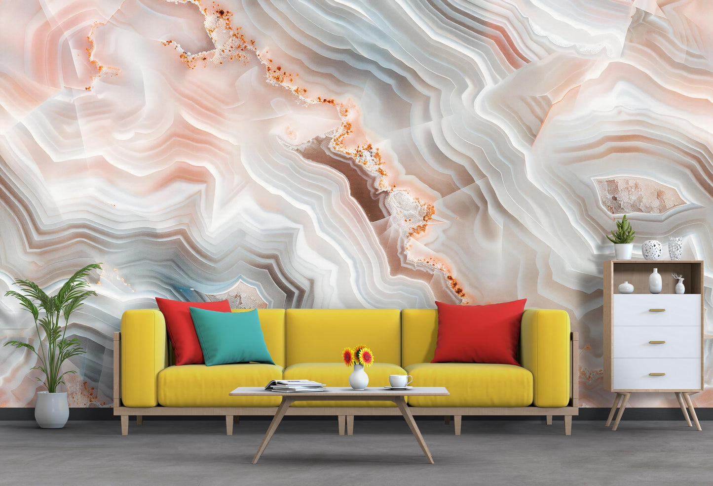 Agate Stone Wall Mural – Crystal Marble Wallpaper in Neutral Grey Peach Tones for Modern Decor Vn1089