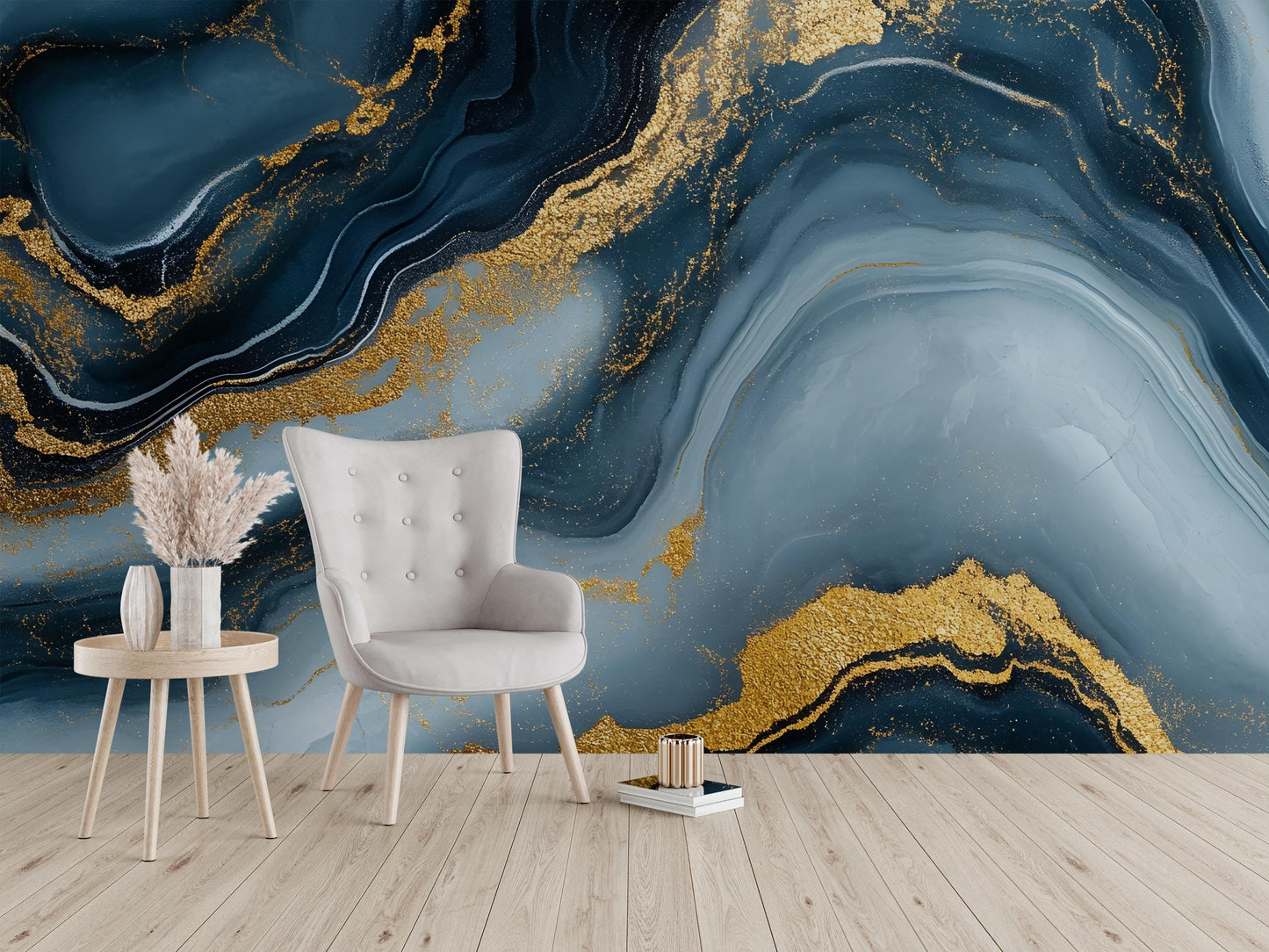 Navy Gold Marble Wall Mural – Luxury Abstract Wallpaper Vn966