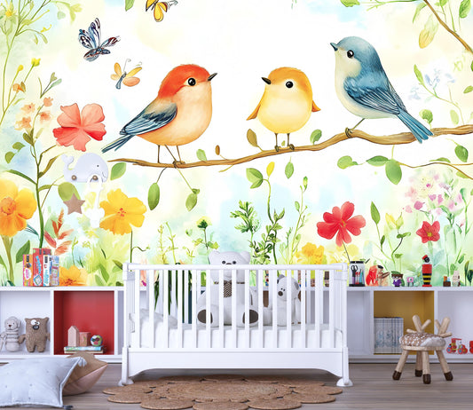 Whimsical Birds Nursery Wall Art - Floral Baby Room Decor - Watercolor Animal Mural for Kids Room - Nature-Inspired Crib Backdrop Vn099