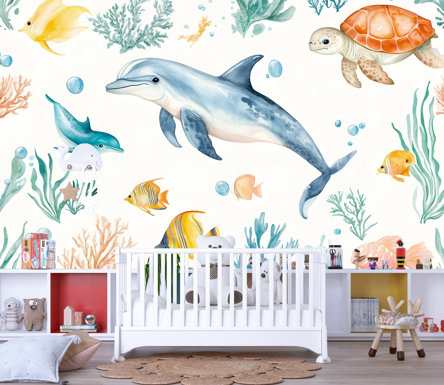 Dolphin Wall Mural – Ocean Nursery Wallpaper with Sea Turtle & Tropical Fish Vn986