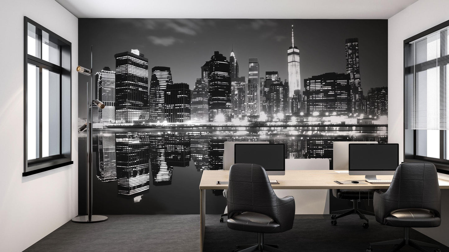 NYC Skyline Wall Mural – Black White Cityscape Wallpaper, Manhattan Reflection Art Vn885