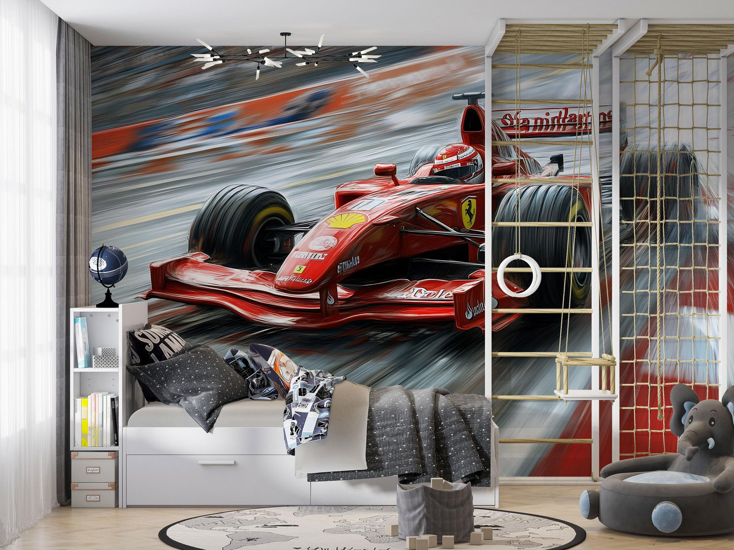 Ferrari Formula 1 Wall Mural – Red Racing Car Wallpaper for Boys Bedroom & Gamer Room Vn876