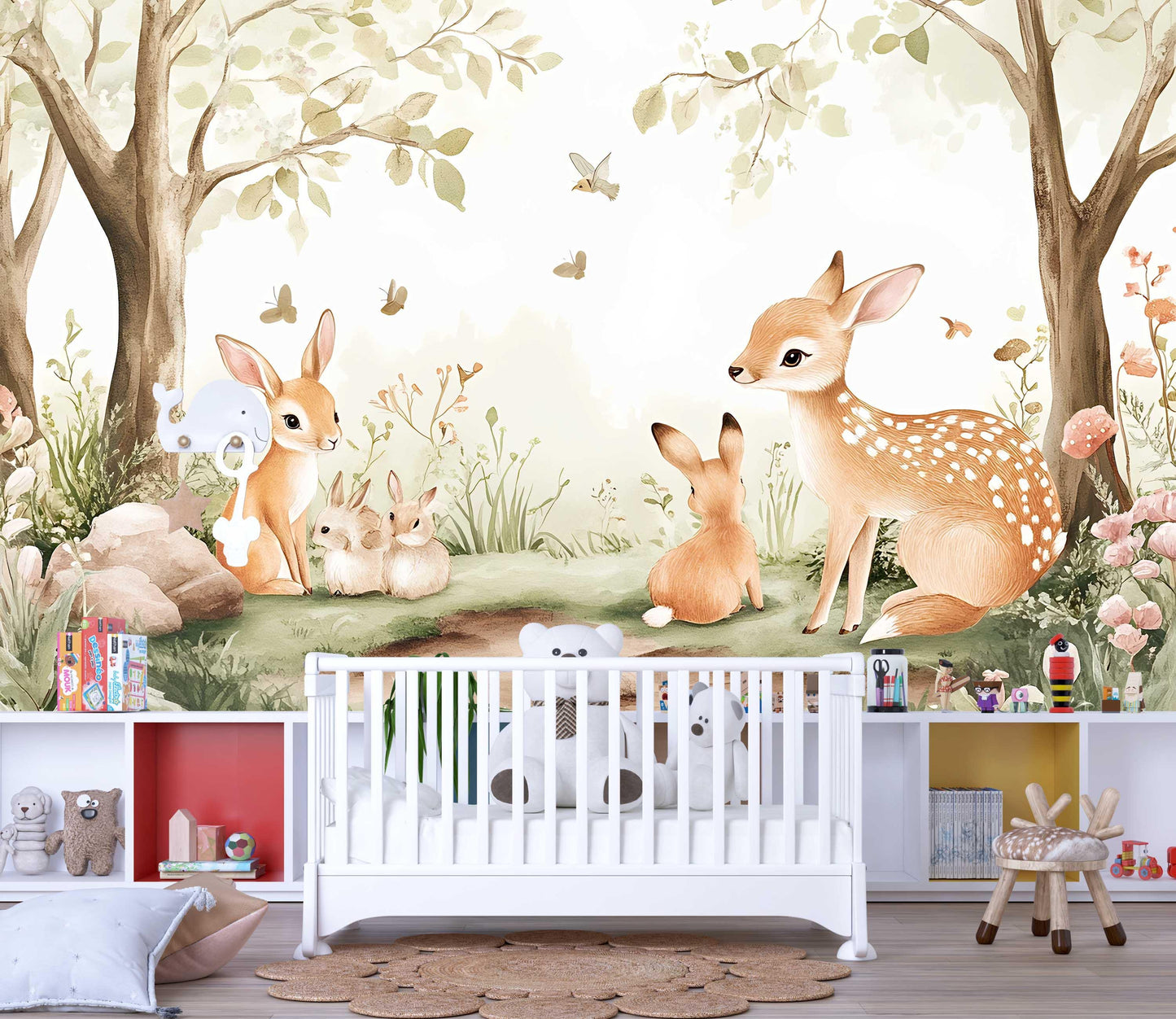 Woodland Animal Nursery Wall Mural – Cute Deer, Bunnies & Forest Scene Wallpaper for Baby Room, Gender Neutral Nursery Decor Vn449