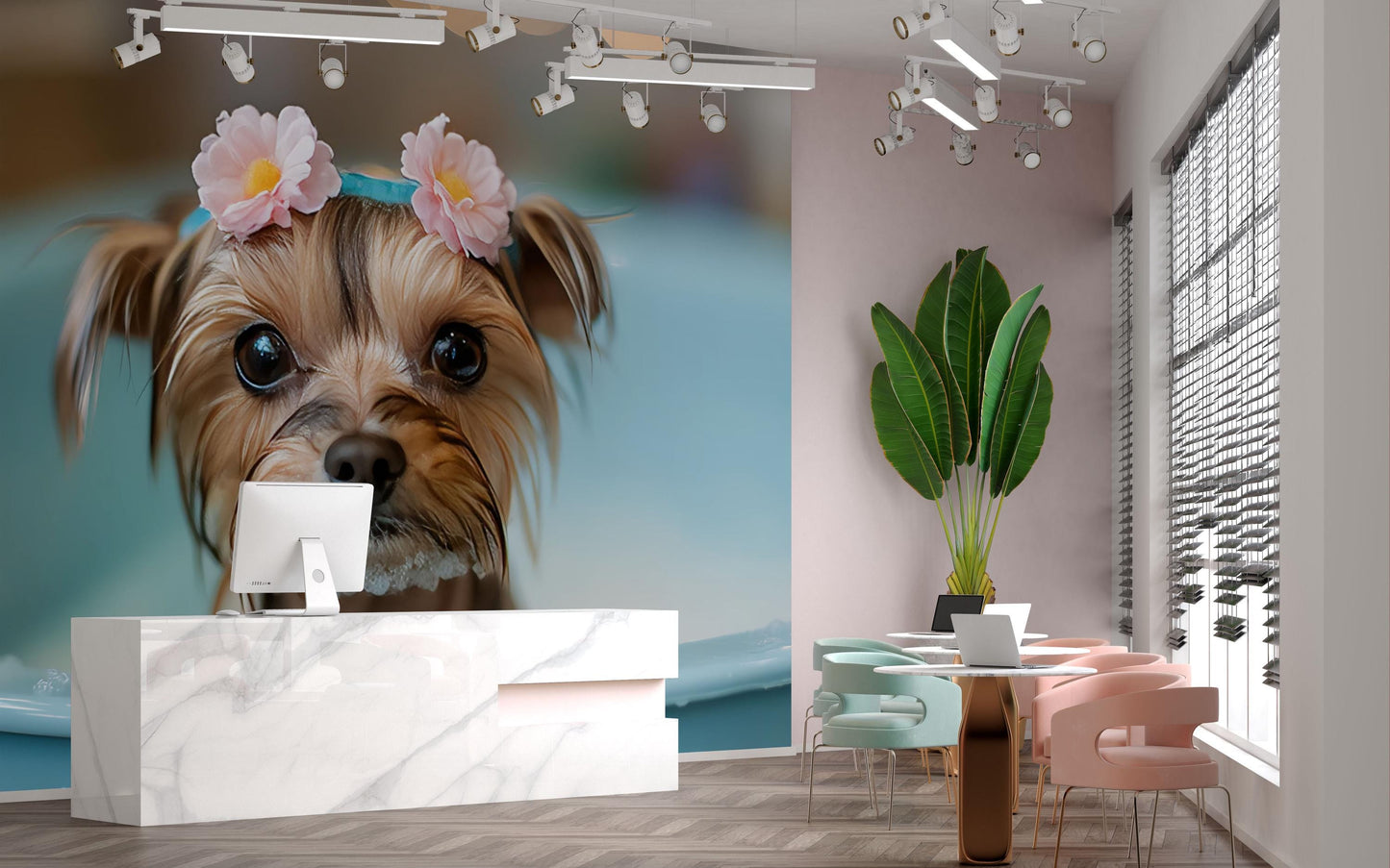 Cute Yorkie Dog Wall Mural - Bathtime Puppy Decor - Flower Crown Art Print - Whimsical Pet Room Wallpaper - Dog Lover Gift Vn680