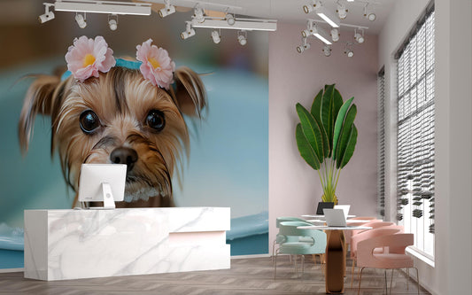 Cute Yorkie Dog Wall Mural - Bathtime Puppy Decor - Flower Crown Art Print - Whimsical Pet Room Wallpaper - Dog Lover Gift Vn680