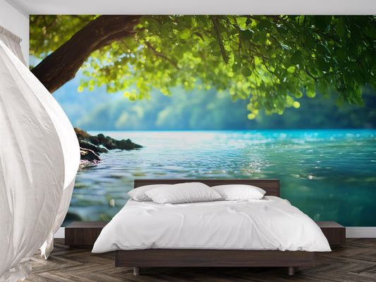 Tranquil Lake View Wall Mural – Nature Bedroom Wallpaper – Serene Tree & Water Scene – Large Scenic Peel and Stick Mural Vn493