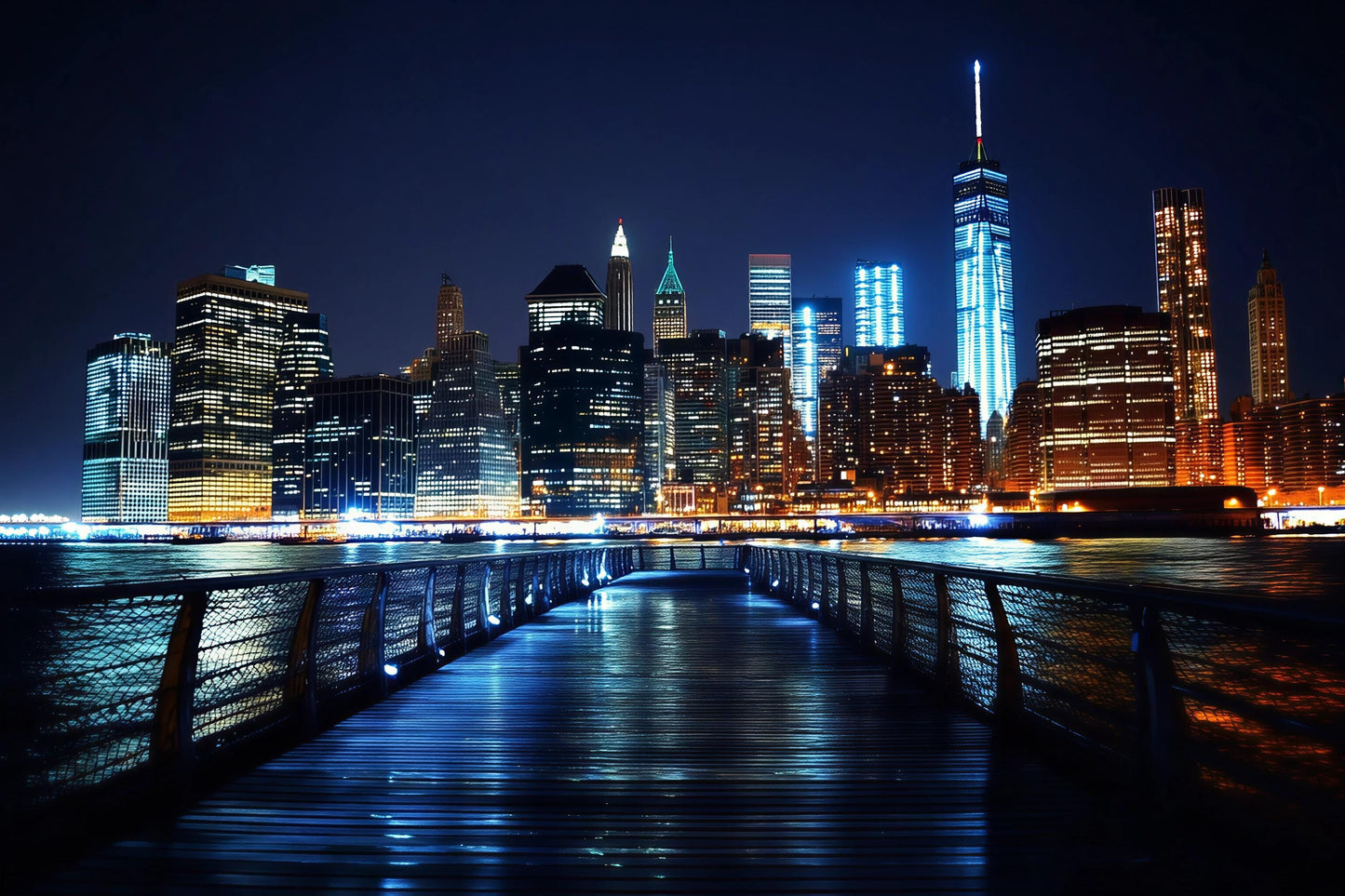 New York Skyline Wall Mural – City Lights Night Pier Wallpaper for Bedroom Vn898