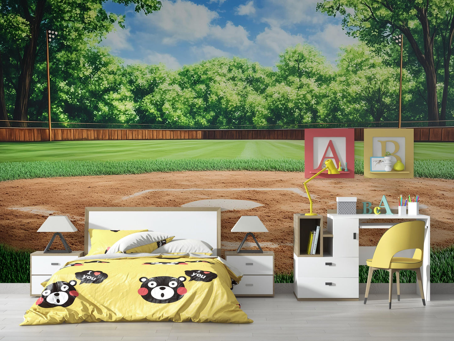 Baseball Field Wall Mural – Realistic Sports Theme Wallpaper for Boys Room, Game Room, or Man Cave Decor Vn531