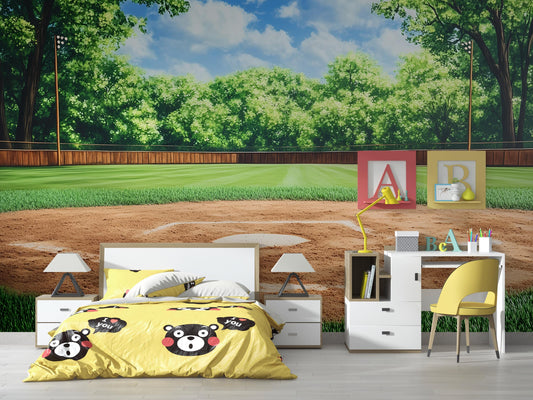 Baseball Field Wall Mural – Realistic Sports Theme Wallpaper for Boys Room, Game Room, or Man Cave Decor Vn531