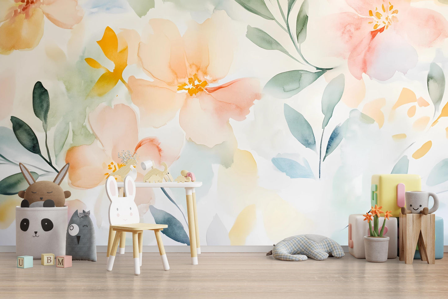 Watercolor Floral Wall Mural for Kids Room – Soft Pastel Flower Wallpaper, Removable Nursery Art Vn559