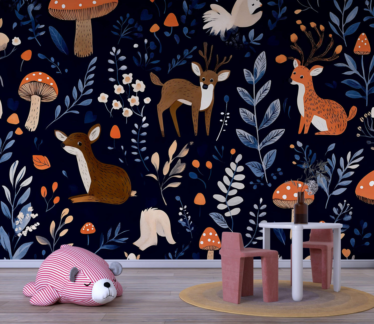Woodland Nursery Wallpaper – Forest Animal Wall Mural – Kids Room Deer & Mushroom Decor – Removable Peel and Stick Wallpaper Vn724