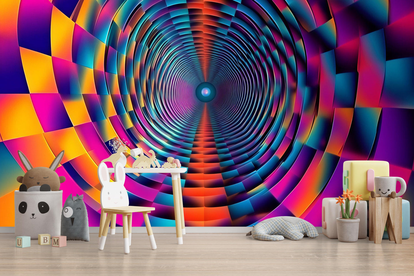 Psychedelic Spiral Wall Mural – Neon 3D Optical Illusion Kids Room Wallpaper Vn915