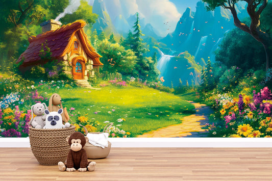Whimsical Forest Wall Mural | Kids Room Fairy Tale Wallpaper | Magical Flower Garden Backdrop | Enchanted Nursery Decor Vn711