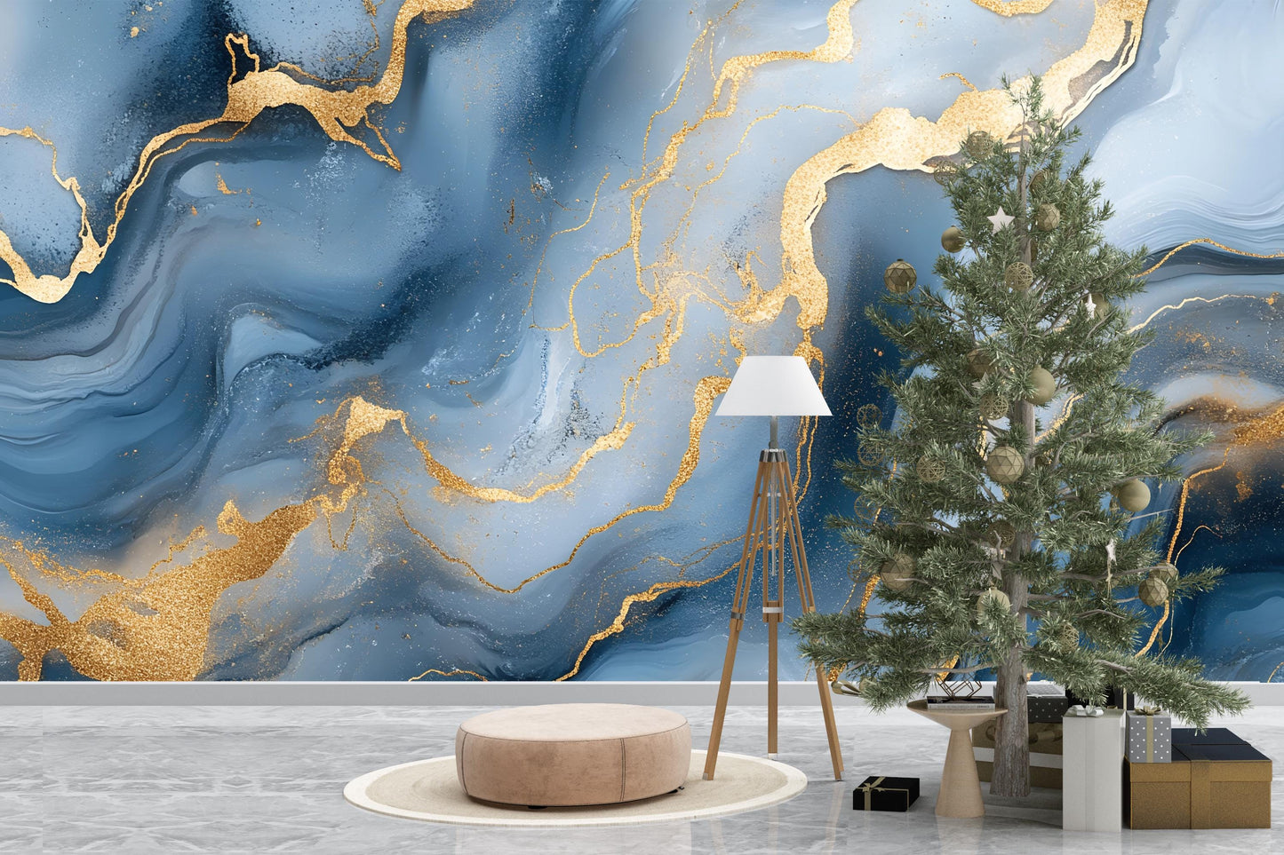 Blue Gold Marble Wall Mural – Luxury Abstract Wallpaper Vn969