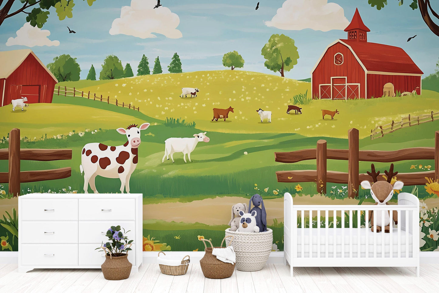 Farm Animal Wall Mural for Nursery – Cute Cow & Barnyard Scene – Kids Room Wallpaper – Pastoral Wall Art – Removable Vinyl Decal Vn625