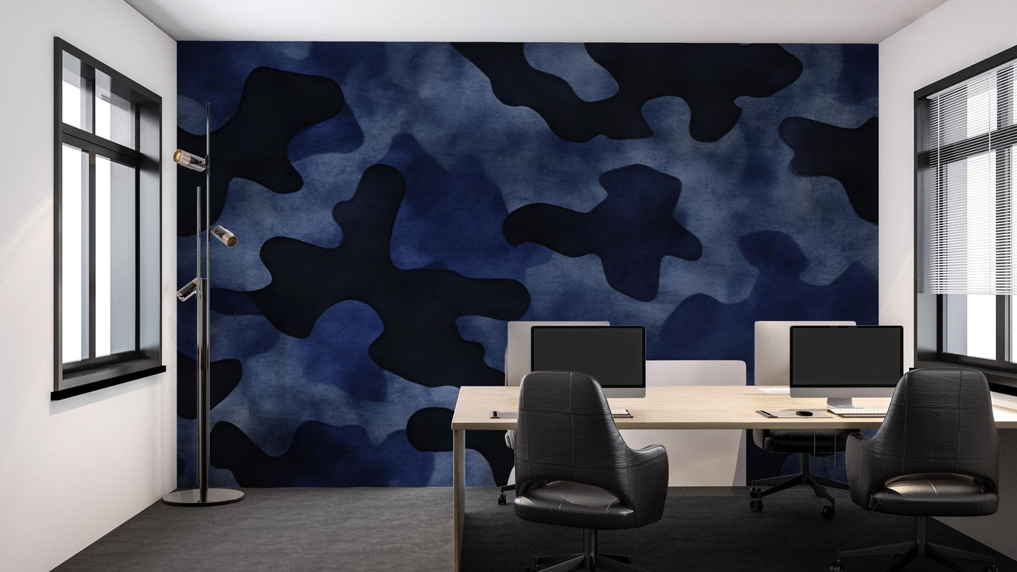 Blue Camo Wall Mural Office Decor | Modern Abstract Wallpaper | Bold Accent Wall Art Vn463
