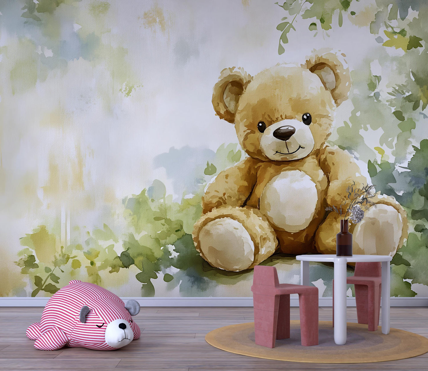 Teddy Bear Nursery Wall Mural - Cute Forest Animal Wallpaper - Baby Room Decor - Woodland Themed Nursery Art Vn554