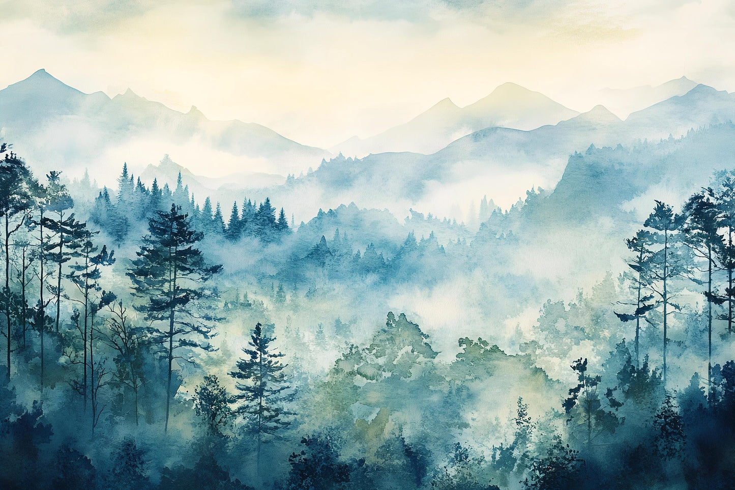 Misty Blue Pine Forest Wallpaper – Watercolor Mountain Wall Mural for Bedroom & Living Room Vn1016