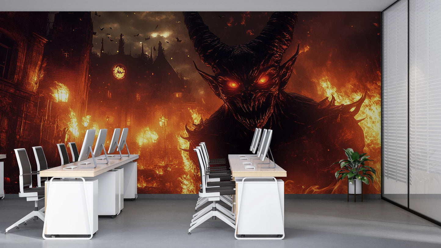 Demonic Wall Mural – Fiery Hell Scene with Red-Eyed Monster Vn808