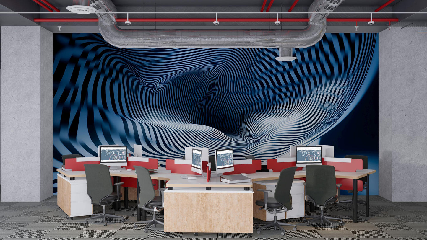 Blue White 3D Wave Wall Mural – Optical Illusion Abstract Wallpaper Vn910