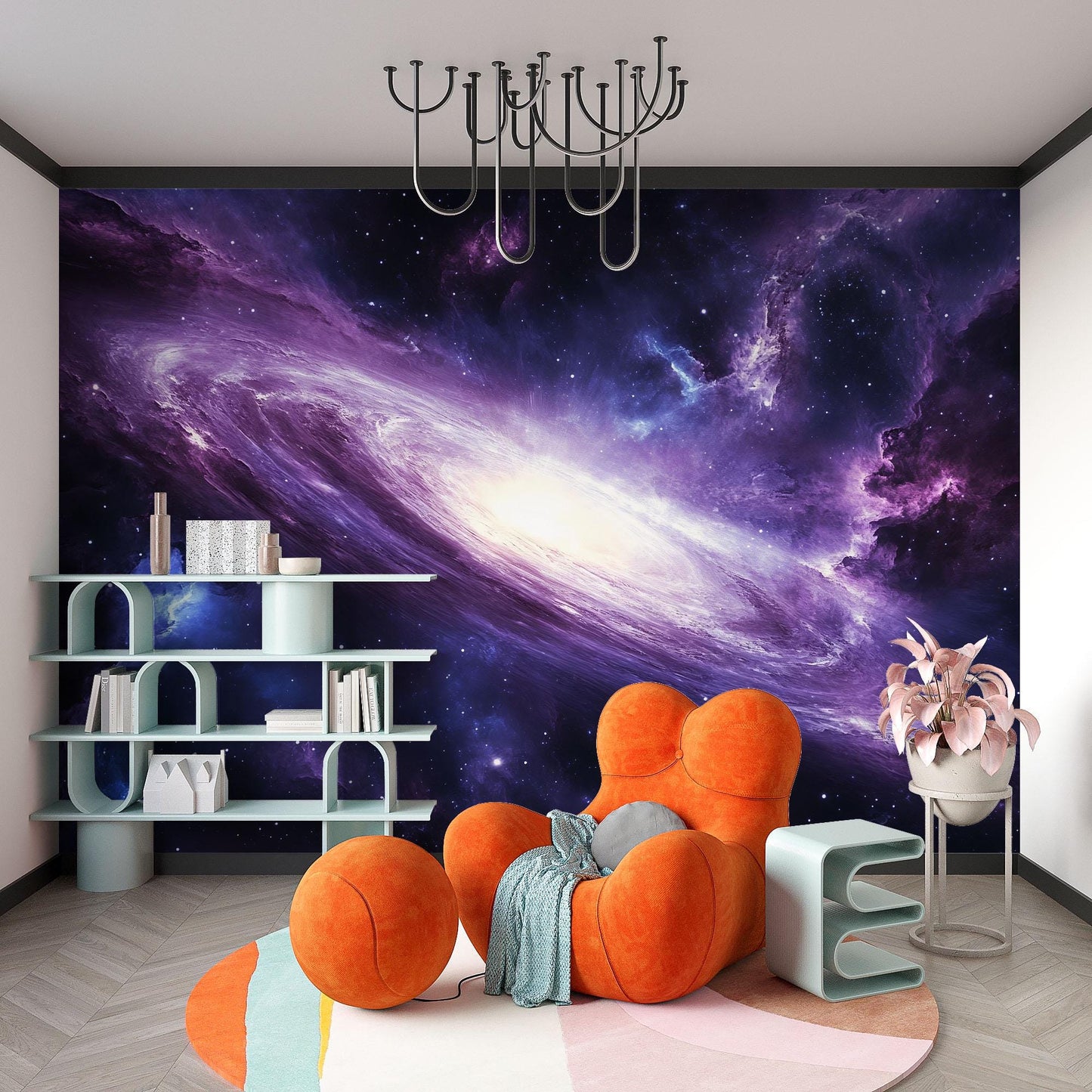 Galaxy Wall Mural – Purple Space Nebula Wallpaper, Cosmic Starry Sky Accent Wall for Kids Room or Bedroom Vn862