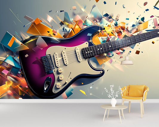Electric Guitar Explosion Wall Mural – Colorful Abstract Music Art for Living Room or Studio, Rock Decor with Holiday Touch Vn522