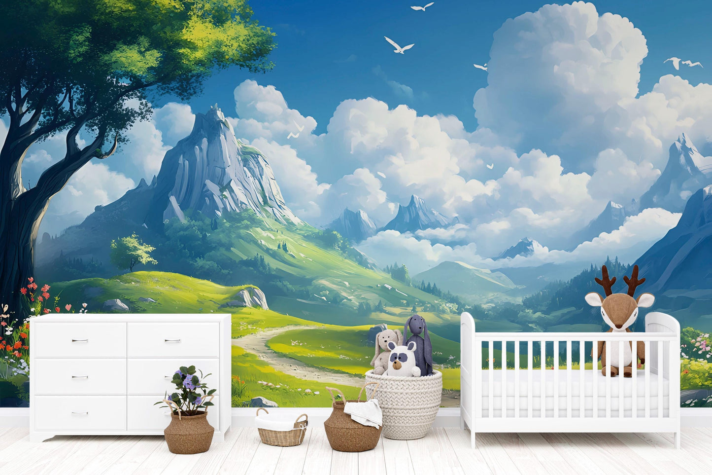 Whimsical Mountain Landscape Wall Mural for Kids Room – Scenic Nature Wallpaper with Clouds, Path, and Forest | Playroom Decor Vn709