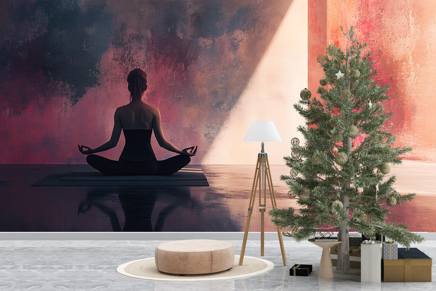 Yoga Meditation Wall Mural – Serene Zen Silhouette Art for Living Room, Wellness Studio, Spa Decor – Tranquil Mindfulness Poster Vn477