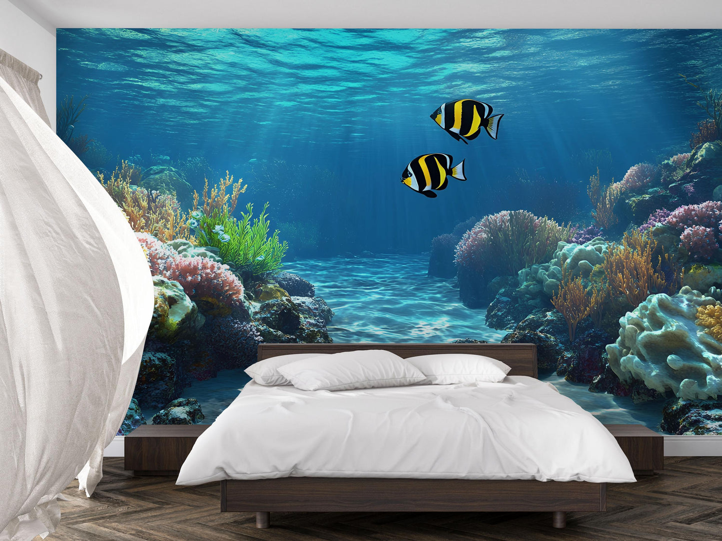 Underwater Ocean Wall Mural | 3D Coral Reef Wallpaper | Tropical Fish Sea Scene Bedroom Decor | Removable Undersea Wall Art Vn595