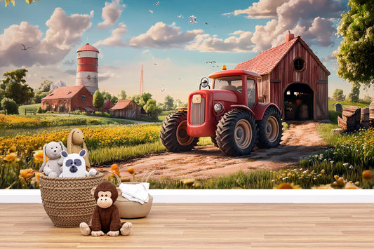 Farm Tractor Wall Mural – Kids Room Decor, Barn & Field Theme Wallpaper, Country Nursery Art, Red Tractor Mural Backdrop Vn313