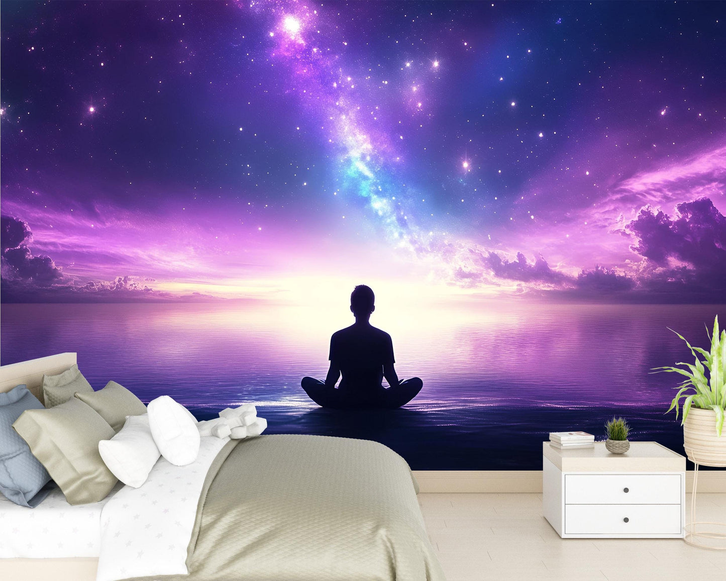Meditation Galaxy Wall Mural – Purple Cosmic Sunset Sky Tapestry for Bedroom Decor Vn476