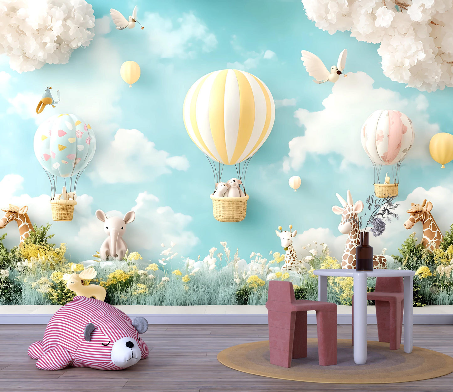 Hot Air Balloon Nursery Wall Mural – Animal Baby Room Wallpaper – Gender Neutral Kids Decor – Safari Theme Sky Wall Art Vn375