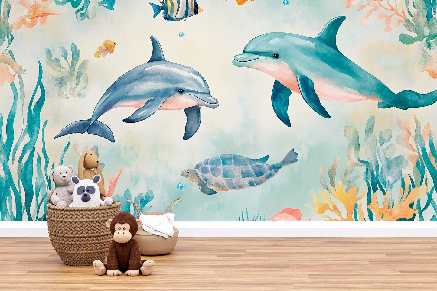 Dolphin Wall Mural – Underwater Ocean Nursery Wallpaper with Sea Turtle & Fish Vn988