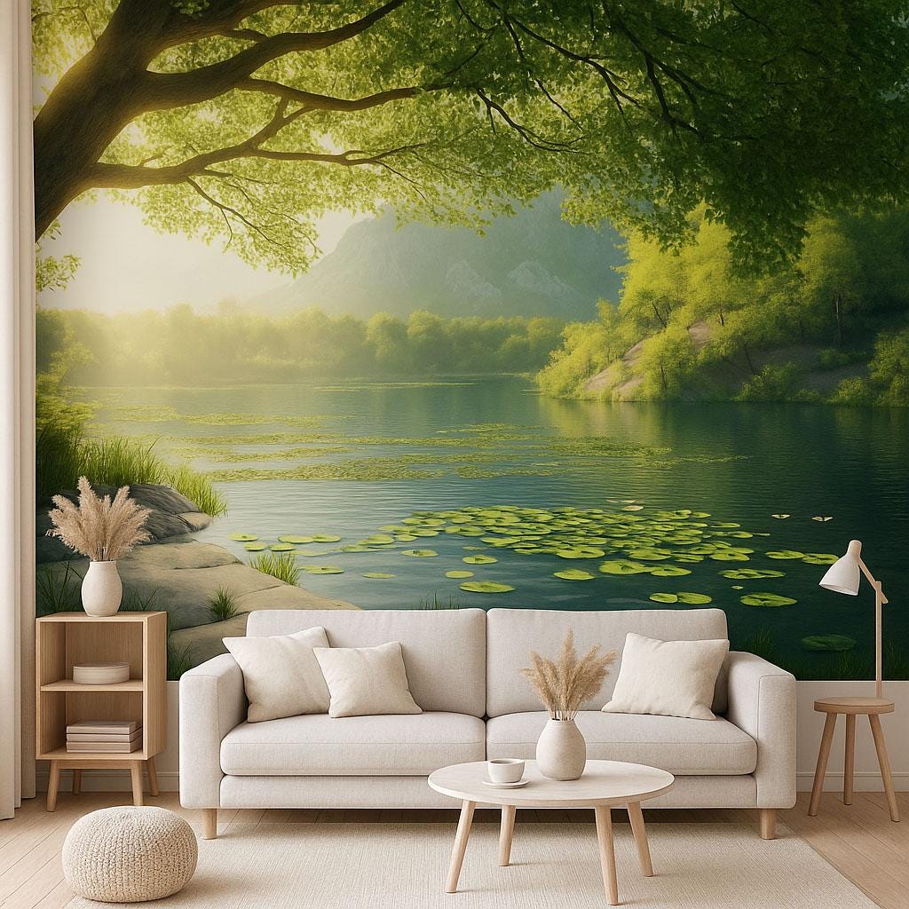 Tranquil Lake Wall Mural – Water Lily Pond & Forest Landscape Wallpaper Vn829