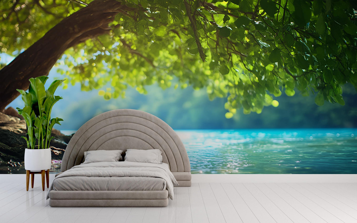 Tranquil Lake View Wall Mural – Nature Bedroom Wallpaper – Serene Tree & Water Scene – Large Scenic Peel and Stick Mural Vn493