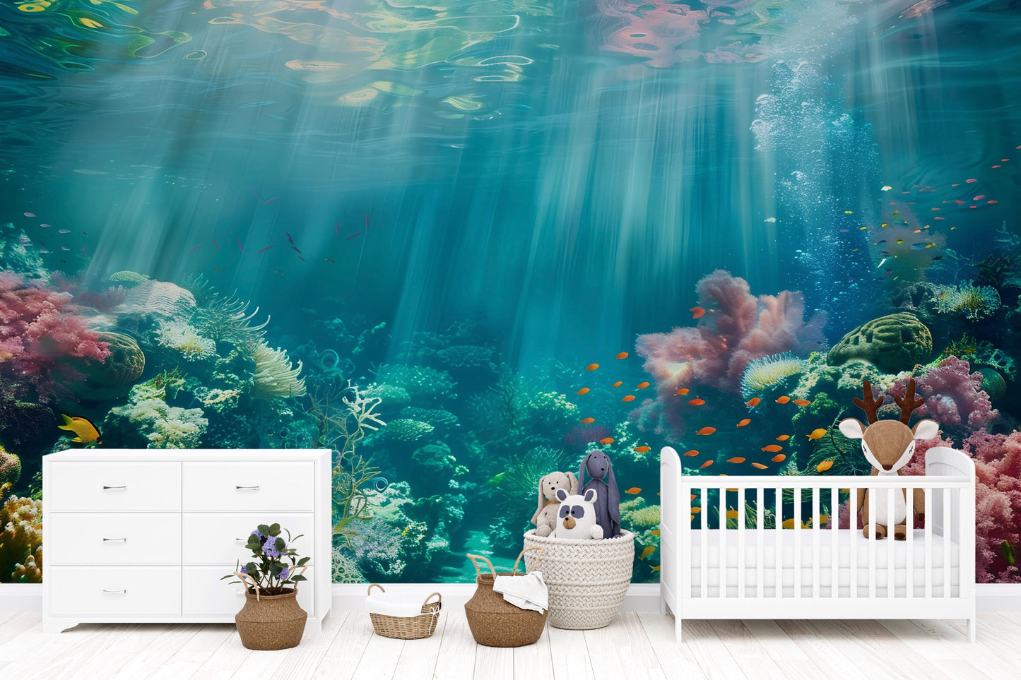 Underwater Coral Reef Wall Mural – Ocean Sea Life Wallpaper, Kids Room Marine Accent Wall Decor with Fish & Coral Vn1066