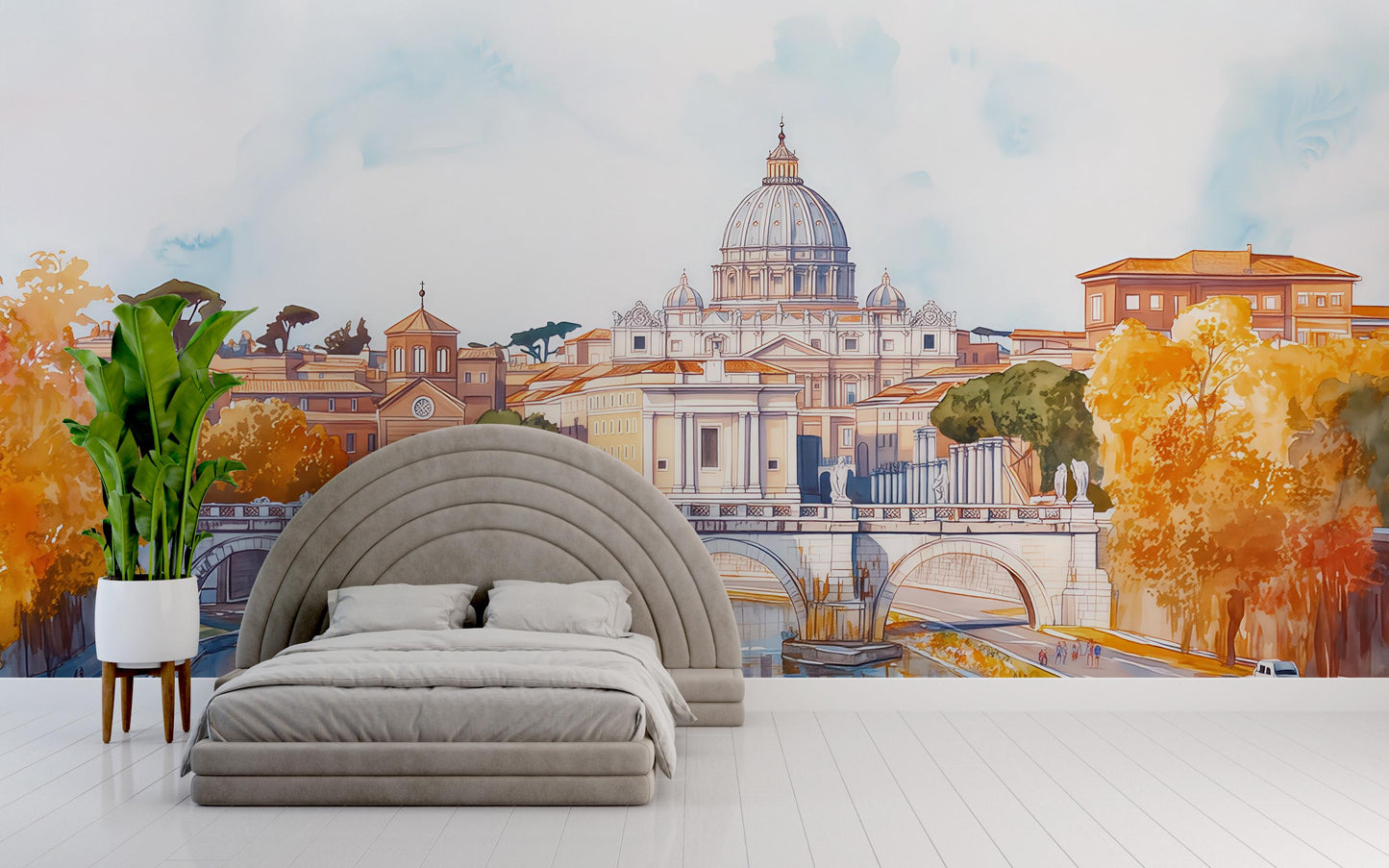 Rome St. Peter’s Basilica Wall Mural – Watercolor Vatican Bridge & River Wallpaper Vn924