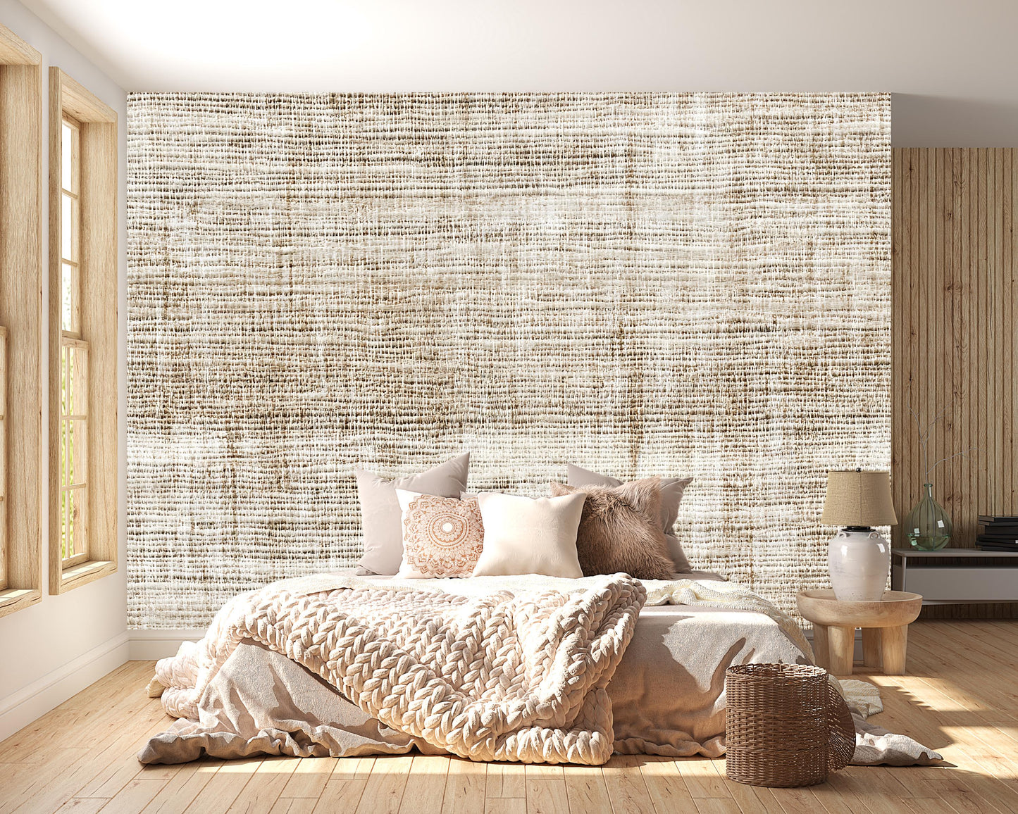 Beige Linen Wallpaper – Neutral Textured Fabric Look Wall Mural for Modern Home Decor Vn1013