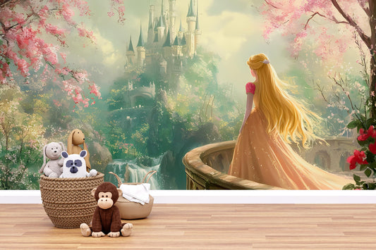 Princess Castle Wall Mural – Fairytale Girl Room Decor, Fantasy Castle Wallpaper for Nursery or Kids Room Vn092