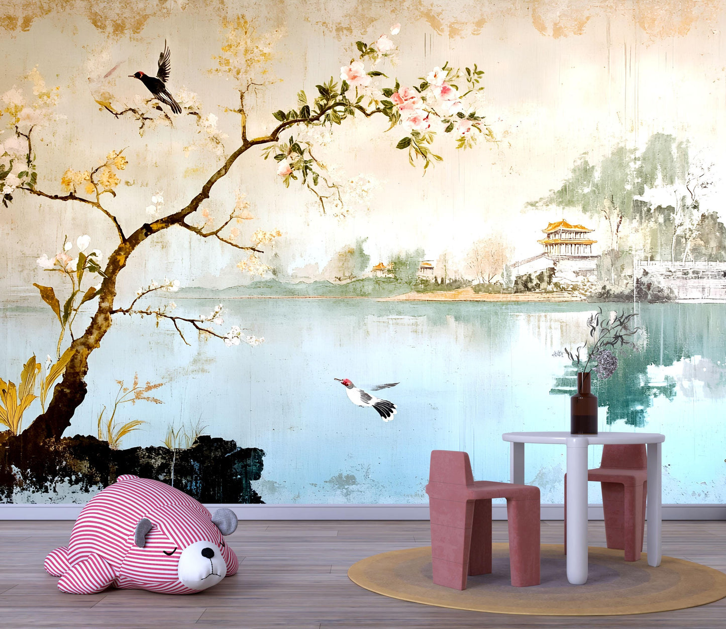 Oriental Landscape Wall Mural – Cherry Blossom Lake Wallpaper, Serene Asian Accent Wall for Nursery or Bedroom Vn859